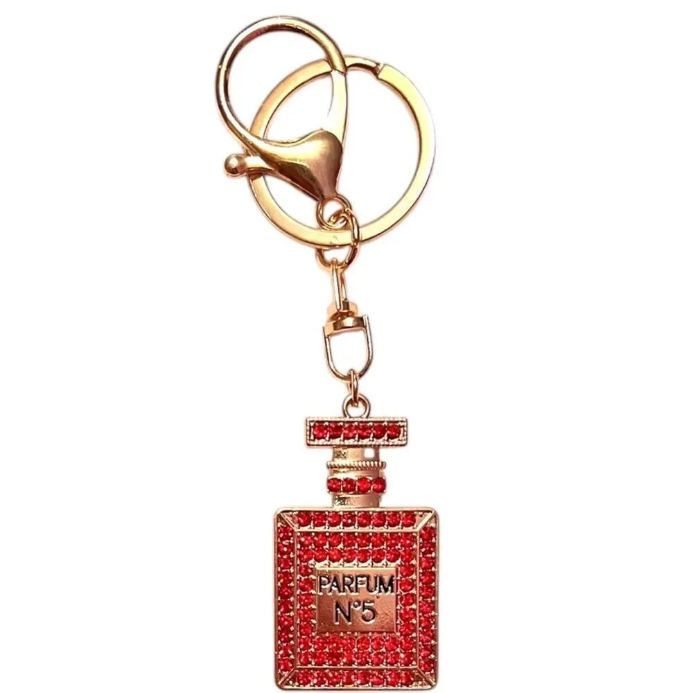 Red Crystal Parfum No.5 Perfume Bottle Gold Keychain